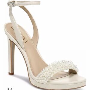 Sam Edelman Women's Ivory Pearl-Embellished Ankle Strap High Heel Sandals